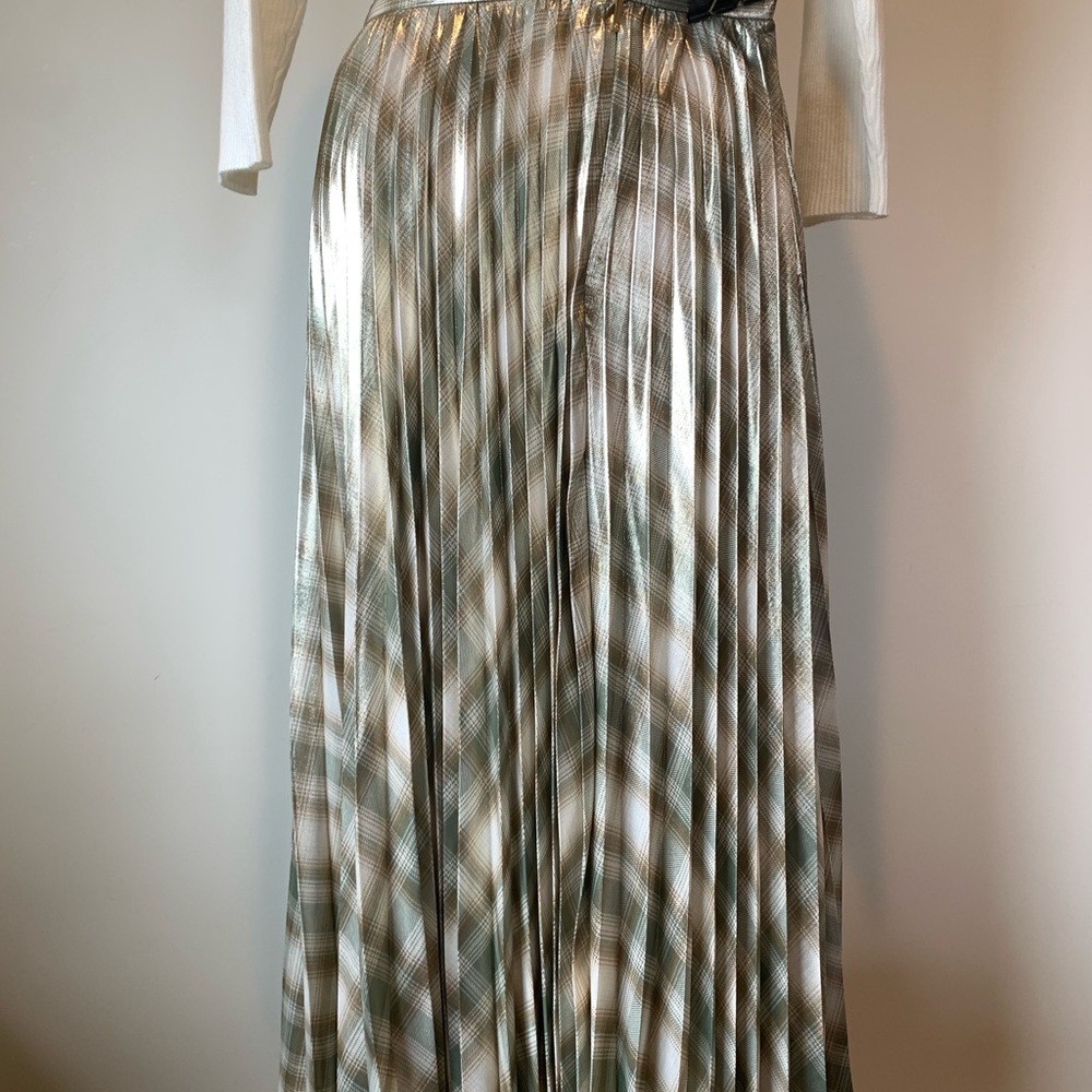 Ralph Lauren Green and Cream Pleated Midi Skirt - Picture 3 of 8